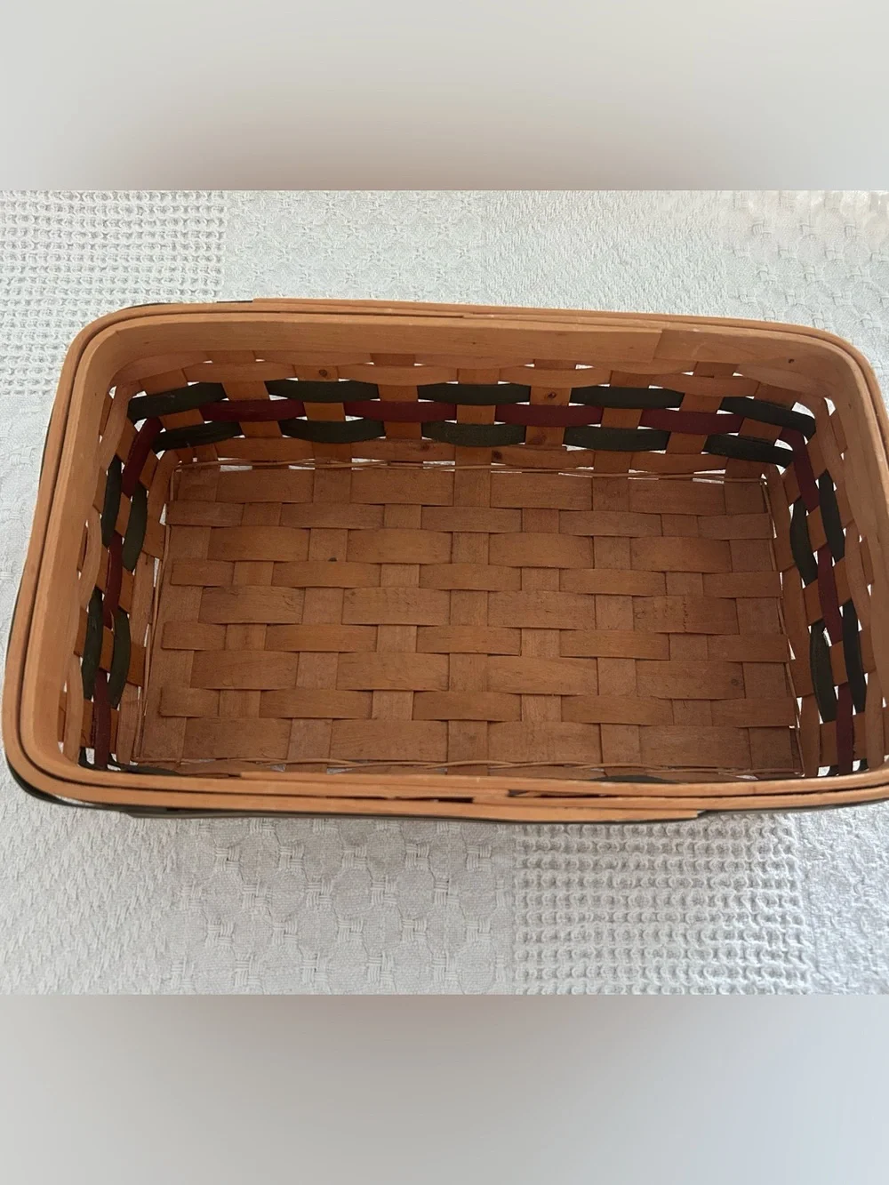 Handwoven Natural Wood Tray Basket with Green and Red Accents